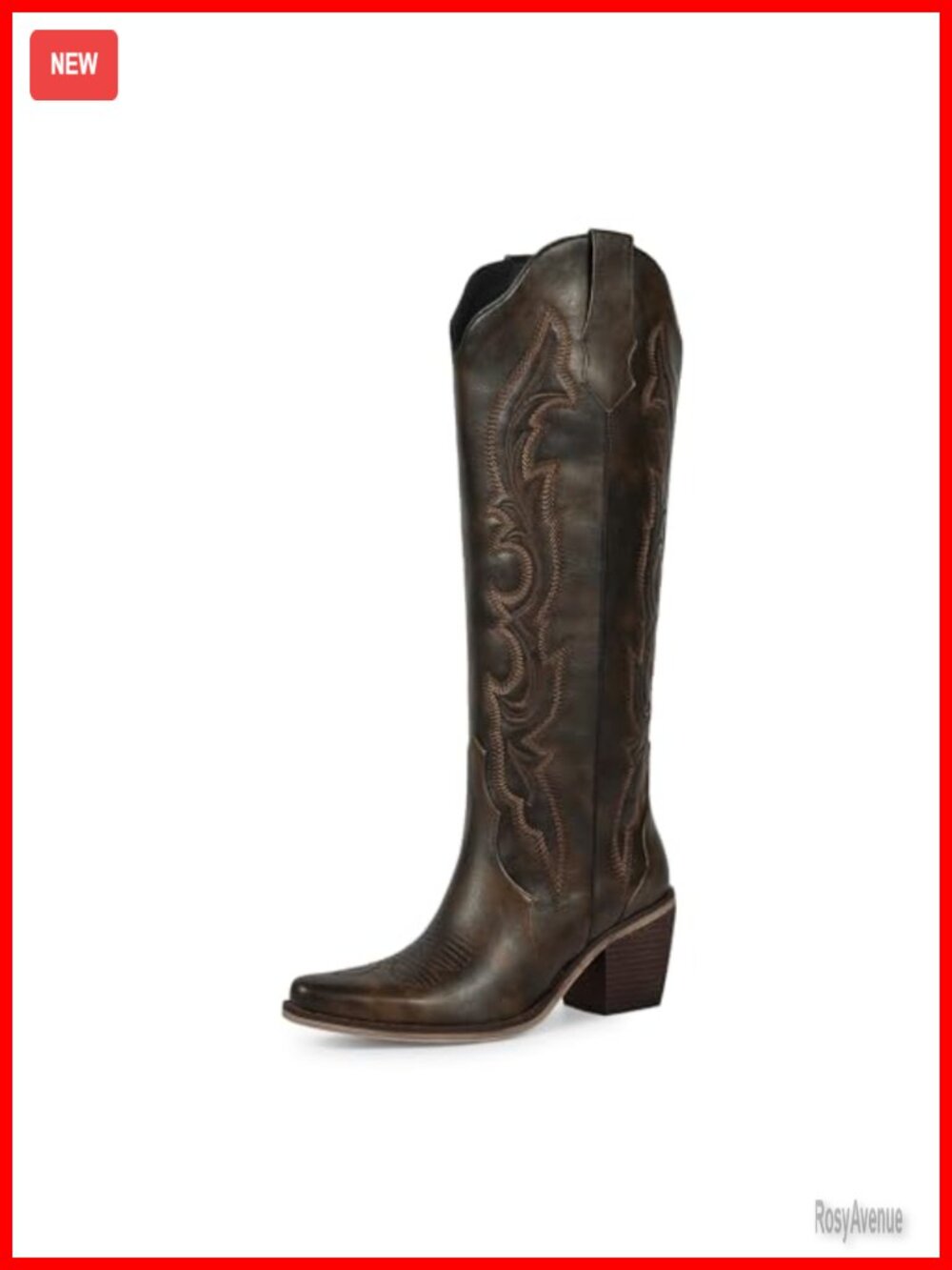 Faux Leather Knee High Cowboy Boots Chunky Block Heel Western
